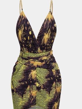 Plunge V-Neck Yellow & Black Printed Mini Dress with Chain Straps